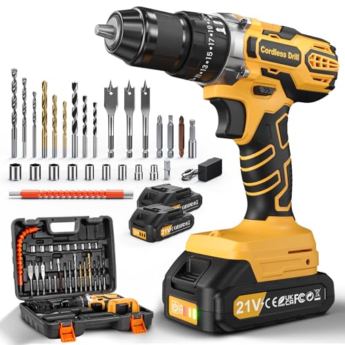21V Perceuse Percussion Sans Fil, 45Nm Perceuse Visseuse Devisseuse Sans Fil avec 2 Batteries 2,0Ah, 25+3 10mm Mandrin Métallique 2 Vitesses Perceuses à...
