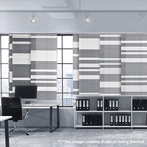 Godear Design Deluxe Adjustable Sliding Panel Track Blind 45.8"- 86" W X 96" H, Extendable 4-Rail Fabric Vertical Blind, Trimmable Pleated Natural Woven Fabric, Barcode Pattern, Shadow #TOP1