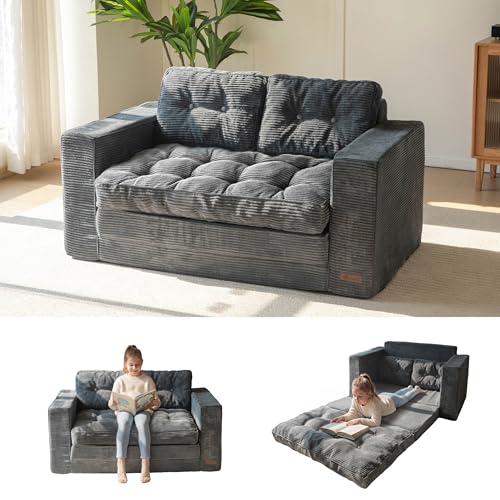 MAXYOYO Convertible Sofa Bed, Pull Out Loveseat Sleeper Sofa, 2 in 1 Folding Couch Bed, Fold Out Floor Couch with Pillows for Living Room Bedroom Lounge, Dark Grey