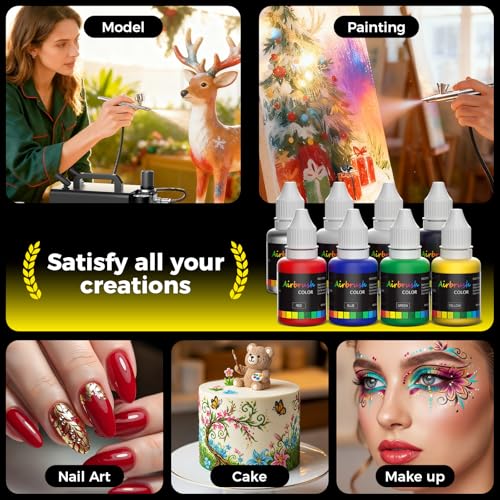 EarthCraft Airbrush Kit With Compressor - 1/5 HP Quiet Air Compressor With 2 Dual-Action Airbrush - 0.2,0.3 & 0.8mm Nozzles & 6 Paint Colors, Air brush Painting Set for Gift Crafts & Model Painting