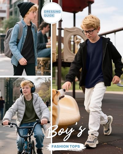 3 Pack Boys Waffle Long Sleeve T-Shirts 5-14 Years, Cotton Thermal Crewneck Tops Kids Fall Warm Shirts Basic Tees4