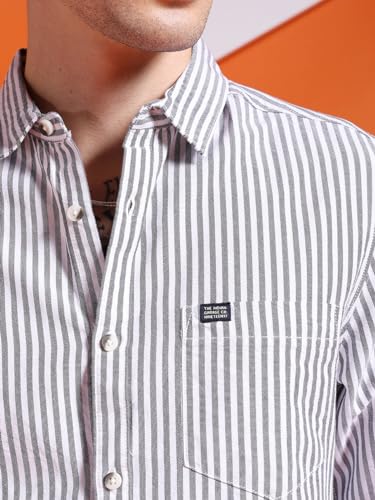 Image of The Indian Garage Co Men Slim Fit Striped Full Sleeves Cutaway Collar Casual Shirt