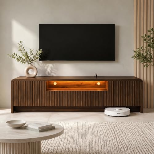 JUMMICO 70" Fluted TV Stand for 75" TVs, LED Media Console with Storage