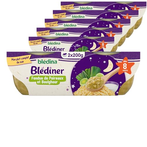Blédina - Blediner - 12 bols - Fondue de Poireaux et Boulghour - Pour le Diner de bébé dès 8 Mois - Pack de 6x2