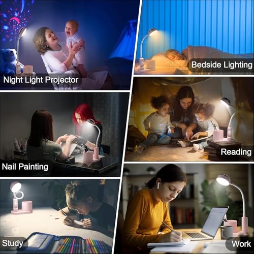 Calenxy Kinder Schreibtischlampe mit Stifthalter, LED Nachttischlampe Tischlampe Dimmbar, Leselampe mit Projektion, Schreibtischlampe Tragbar Wiederaufladbar Lampe für Student Schlafsaal Studie Lesen