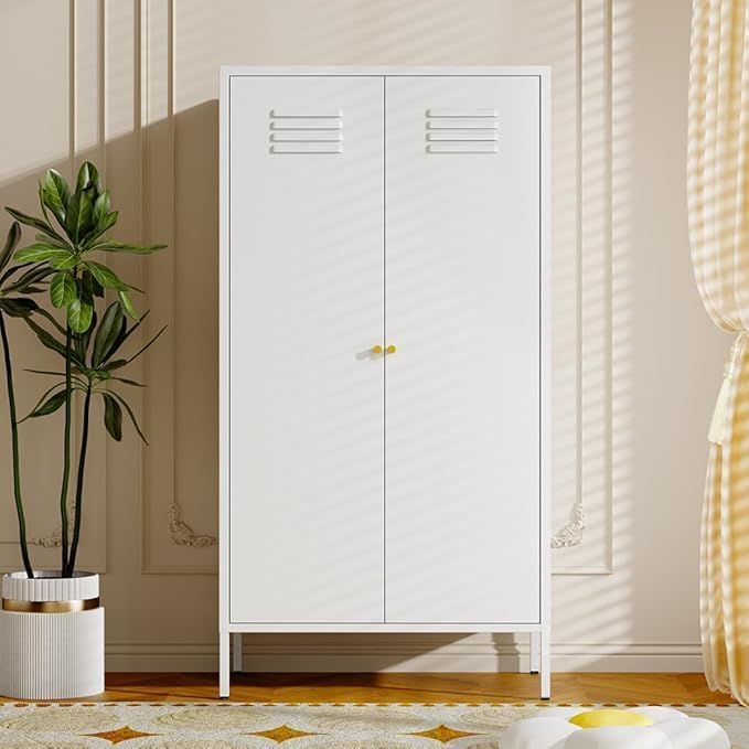 Metal Armoire Wardrobe Cabinet, Standing Closet with Adjustable Shelves,Clothes Cabinet with Standing feet, Utility Closet with Hanging Rod for Bedroom,Office,School,Kids Room,Garage（White）