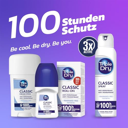 Triple Dry Antitranspirant Roll-On, 50 ml, Deo gegen starkes Schwitzen, antibakterielles Deo für 72 h Schutz, parfümfreies Antitranspirant (Verpackung kann variieren)