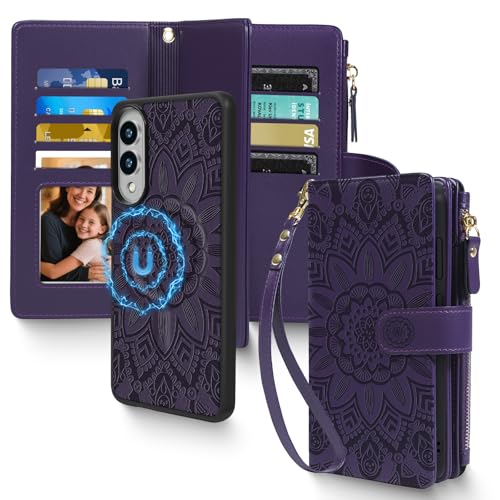 Harryshell 2 in 1 for Samsung Galaxy S25 Edge Wallet Case Magnetic Compatible with Magsafe RFID Blocking Card Holder Detachable Phone Cover Zipper Purse Kickstand Wrist Strap Men Women Floral Purple