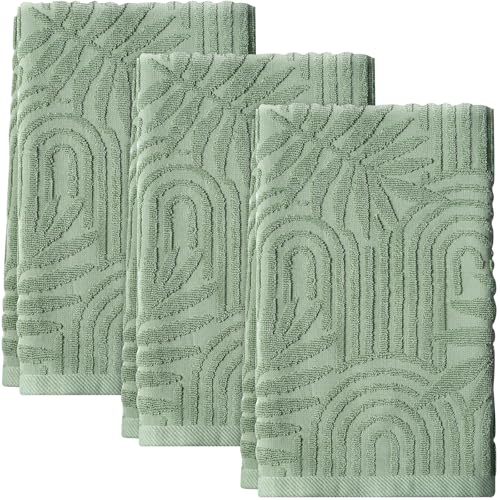 Shemilly 3pcs Sage Green Leaves Hand Towels 100% Cotton 3D Arched Stripes Decorative Towel for Home Bathroom Kitchen Decor Gift 13.7x29.5 Inch(Boho)