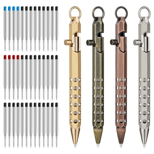 Image of Origin-Joy 4 Pack Bolt Action Pen Set, Six Edge Solid Brass EDC Pocket Tactical Pen With 40 Ballpoint Refills (Natural Brass & Retro Black & Red Bronze & Nickel Gray)