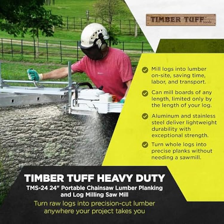Timber Tuff Portable Sawmill 24-Inch Chainsaw Milling Attachment, Adjustable Lumber Cutting Guide for Logs and Wood Planks, TMS-24, Silver