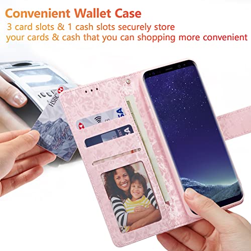 Ueebai Wallet Case For Samsung Galaxy S8, Pu Leather Phone Case Kickstand Rfid Blocking Flip Case With Card Slots Wrist Strap Relief Engraved Pattern Magnetic Closure Folio Case - White Rose #TOP3