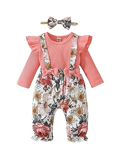 Image of ROSEBEAR Baby Girl Clothes Newborn Long Sleeve Floral Jumpsuit Romper Infant Girl One-Piece Pants Set Fall Winter Bodysuit 0-3 Months