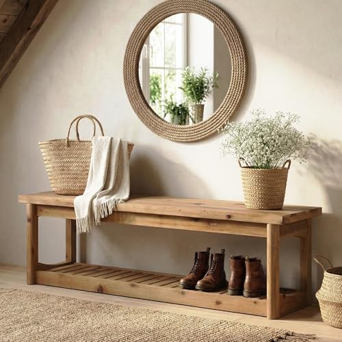 TRIBEWOOD 63\" Wooden Entryway Bench with Storage Shoe Organizer, End of Bed Bench for Bedroom, Dining Room, Hallway, Living Room, Brown