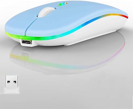 LED Wireless Mouse, Slim Silent Dual-Mode 2.4G+BT Rechargable 7-Color Portable Mobile Optical Office Mouse with USB Receiver, 3 Adjustable DPI Levels for Notebook, PC, Computer, MacBook Blue