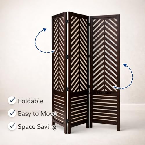 Image of Rose Wood Wooden Partition for Living Room, 3 Panel 6 Feet Room Divider and Wood Screen Separator, Partition Wall for Home and Pooja Room, Size 60W x 71H Inches, Brown.