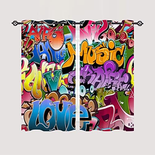 ANHOPE Graffiti Curtains Eyelet 80% Blackout Room Darkening Curtains Hip Hop Hippie Doodle Print Pattern Light Blocking Window Drapes for Kids Boys Girls Bedroom Living Room 46 x 54 Inch Drop 2 Panels