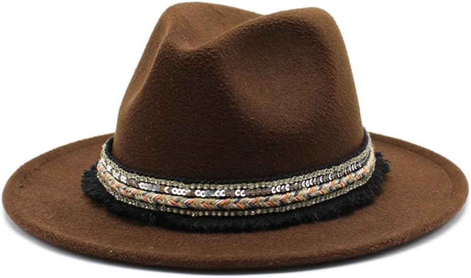 Western Style Wool Fedora Hat, Brown with Decorative Band, Wide Brim Classic Design, Fringe and Sequin Embellished Band