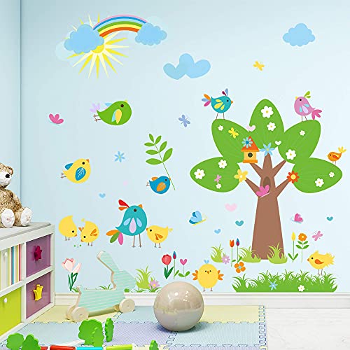 Rw-1066 Cute Birds Animals Wall Decals Big Tree Wall Stickers Flowers Birds Animals Decals Diy Removable Birds Butterfly Wall Art Decor For Kids Baby Bedroom Living Room Nursery Classroom Decoration #TOP16