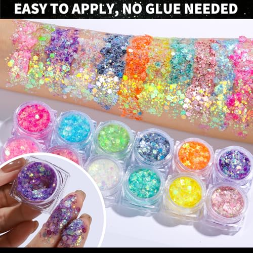 image for Teenitor 12 Colors Glow in The Dark Glitter Gel, Mardi Gras Face Glitt