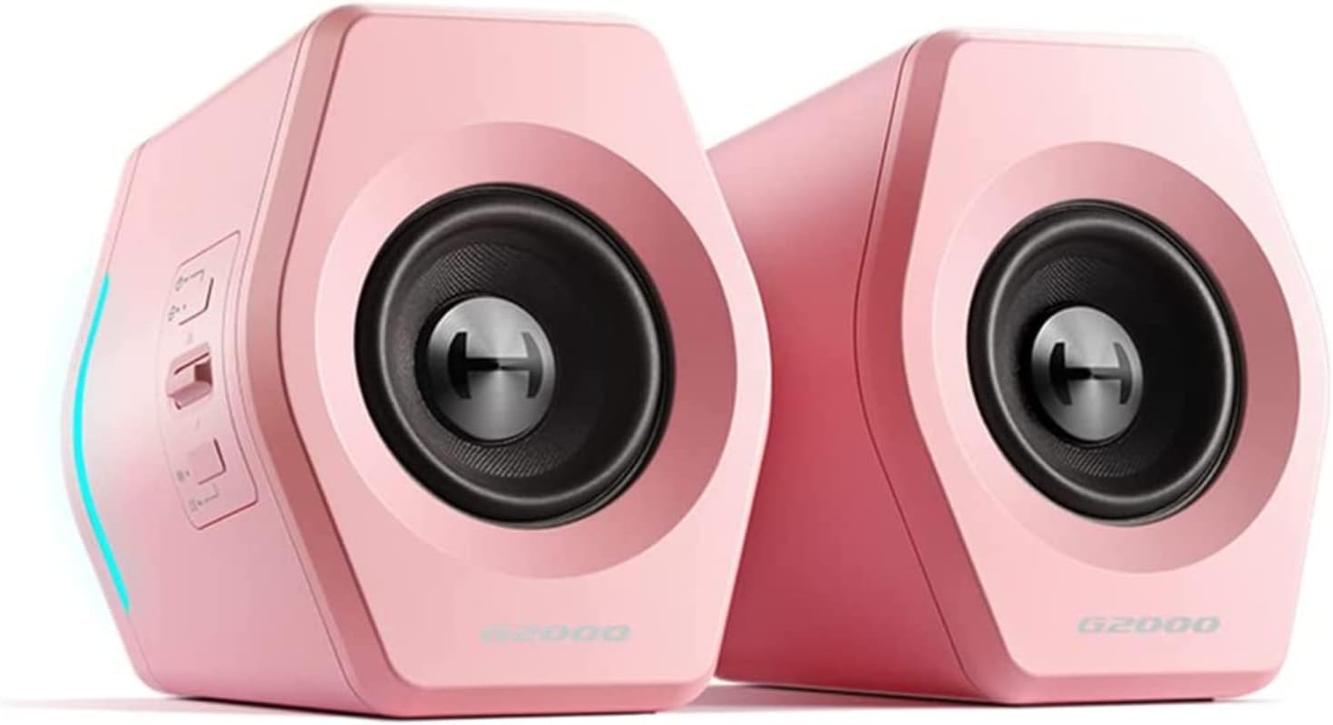 G2000 32W PC Computer Speakers for Gaming Desktop PC Laptop Mac Computer Woofer Speakers Bluetooth USB 3.5mm AUX Inputs RGB Lights Multimedia Speakers Pink