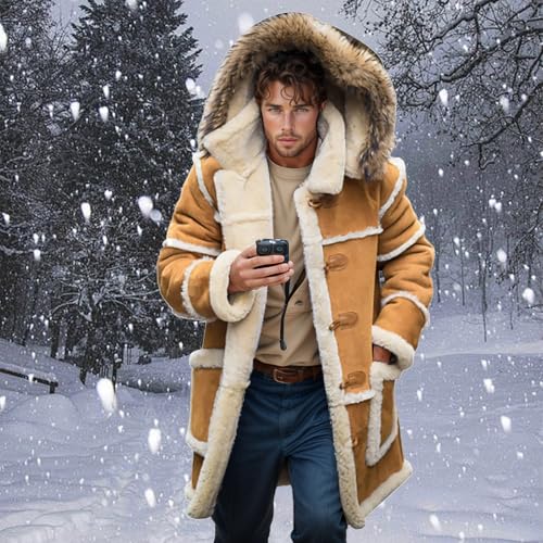 evzosrz Mens Shearling Jackets with Hood Faux Leather Sherpa Lined Fleece Coats Casual Winter Warm Trucker Long Trench Coat2