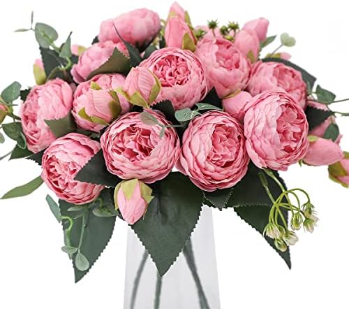 Veryhome 4 Bunches Artificial Flowers Peony Silk Peonies Bouquets Fake Flowers Bouquets Wedding Decoration Home Table Kitchen Office Garden Bridal Greenery