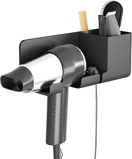 No Drill Hair Dryer Holder, Bathroom Organizer Wall Mounted with 2 Hooks, Adhesive Wall Mount Organizer for Bathroom Storage, Compact Vanity for Space Saving, Fits Most Hair Dryers (Black)