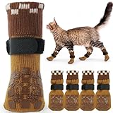 PUMYPOREITY 2 Paar Katzensocken für Katzen, Anti Rutsch Katzensocken Anti Kratz Katzenschuhe Stoppersocken Klettverschluss Leckschutz Pfote(Braun, 2XS)