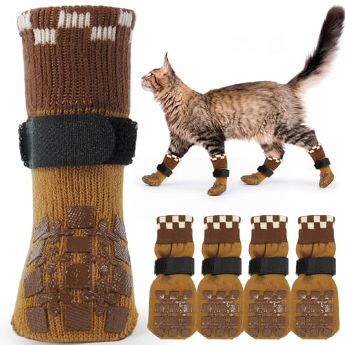 Image of ROZKITCH 2 Pairs Cat Sock for Injured Paws, Breathable Socks for Cats Stop Scratching Dog Paw Protectors for Injured Paws Protective Anti-Slip Grip Socks Foot Protector Puppy Brown XS