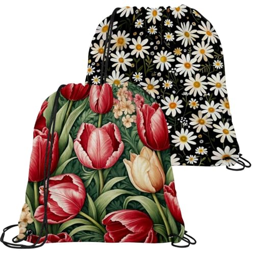 Sac à cordon de serrage étanche lot de 2 pour sport et gym motif tulipes