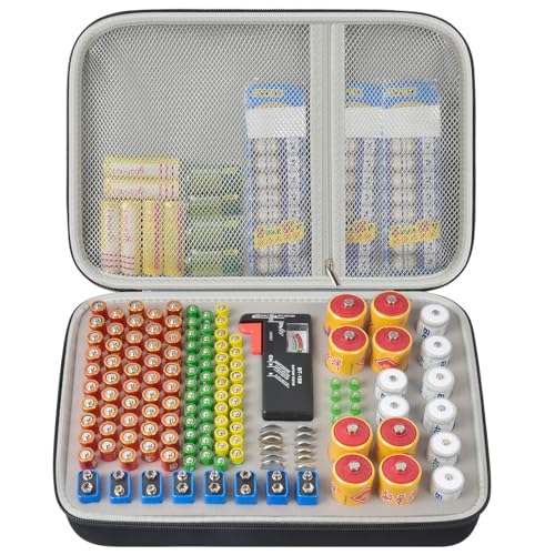 Casmilee Organizzatore e tester per batterie, contiene 140 + batterie AA AAA C D Cell 9 V 3 V al litio LR44 CR2 CR1632 CR2032 a bottone giallo