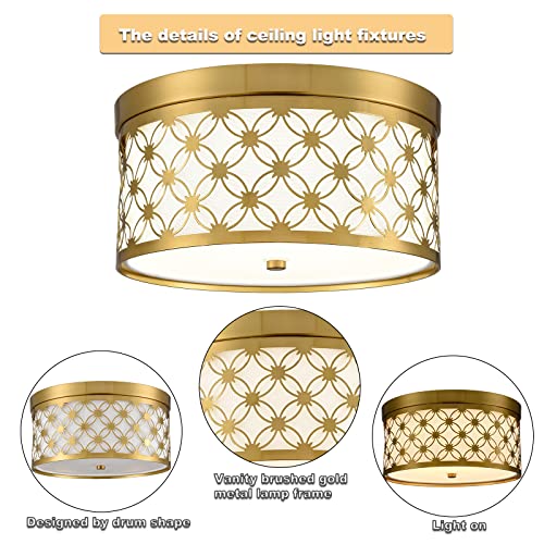 Shawnkey Modern Drum Brushed Gold Ceiling Light Fixtures With White Fabric Shade Led 3000K Dimmable Semi Flush Mount Ceiling Light For Living Room Bedroom Hallway Light Fixture Ceiling Mount #TOP4
