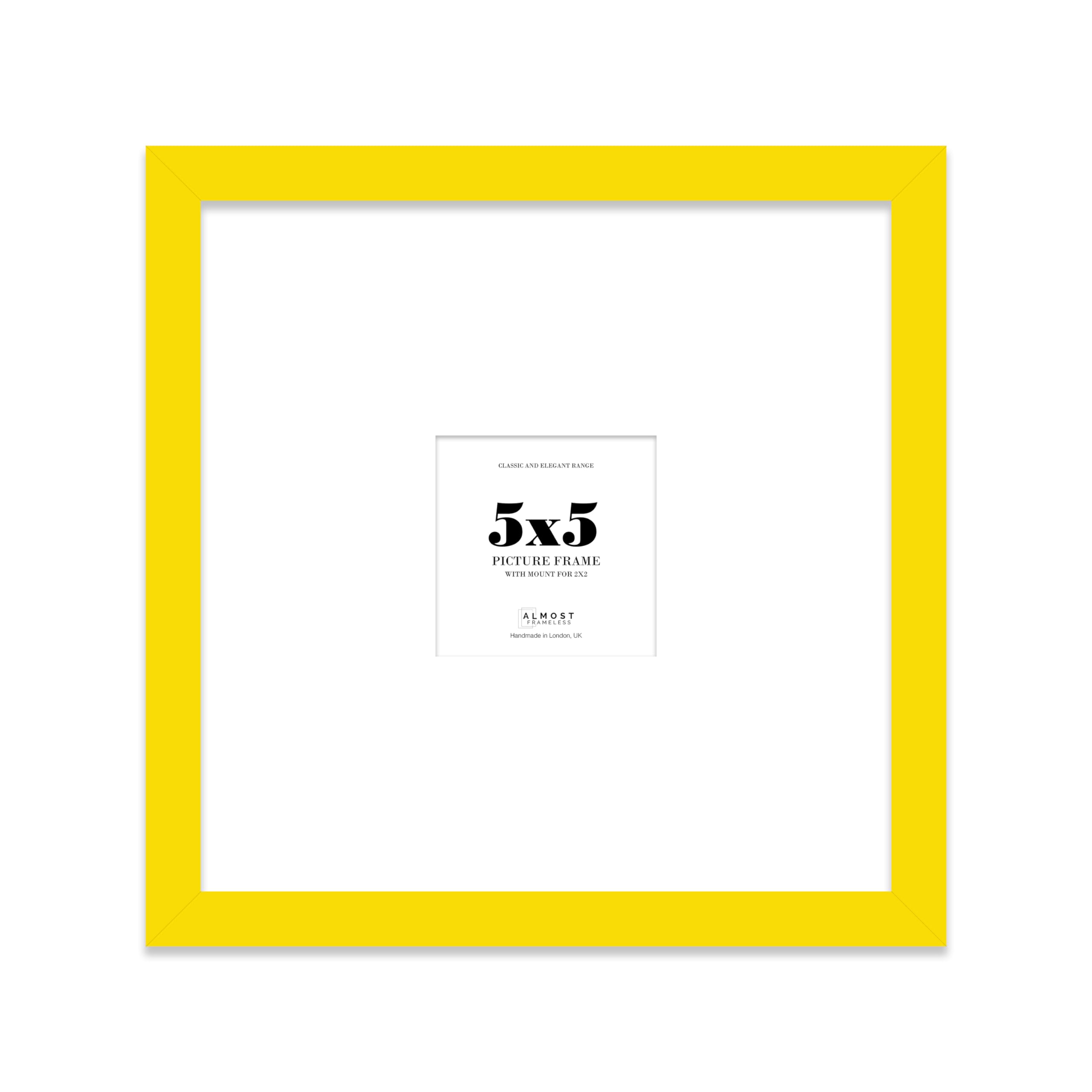 Almost Frameless 5x5 Square Picture Frame, Display Pictures 2x2 With Mat or 5x5 Without Mat, Wall Hanging & Free Standing Photo Frame, Yellow, 1 Pack