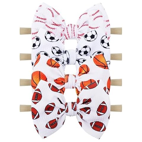 YanJie Baby Girls Hairband - Set of 4 pcs Football, Basketball, Soccer, Rugby Nylon Baby Headbands for 0-6 Months Newborn Infant Toddler - 4 Count Pack Cover