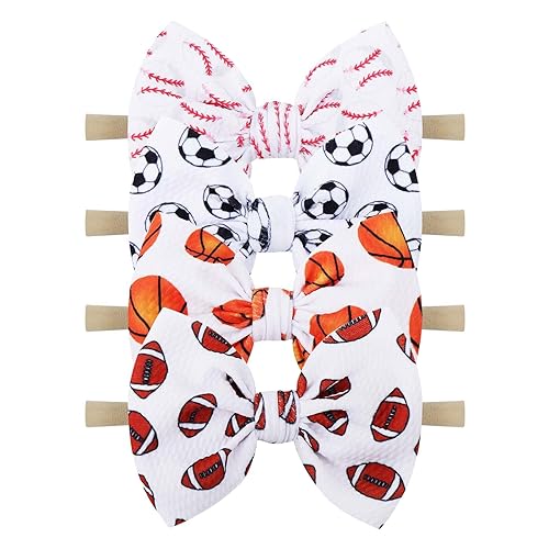 Image of YanJie Baby Girls Hairband - Set of 4 pcs Football, Basketball, Soccer, Rugby Nylon Baby Headbands for 0-6 Months Newborn Infant Toddler - 4 Count Pack