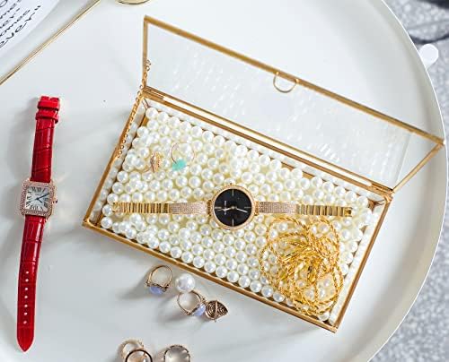 Golden Vintage Glass Lidded Box Edge Bracelet Keepsake Decorative Jewelry Display Personalized Large Clear Rectangle Box Rings Bracelet Golden Organizer Home Decor (8x4.5x2in)