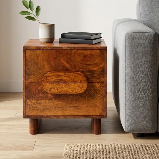 Solid Wood Bed Side End Table with 2 Drawer Storage for Home Office | Nightstand for Bedroom Living Room | Compact Sofa Side Table for Home Décor (Honey Finish)-image-48