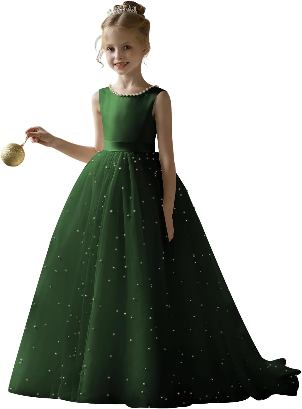 Flower Girl Dress for Wedding Puffy Tulle Satin Princess Gowns with Pearls Bow Knot 2-14