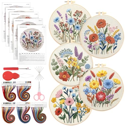 Image of Yinder 5 Set Starter Embroidery Kit for Beginners Boho Cross Stitch with Patterns Embroidery Hoops Instructions Floss Punch Needlepoint Kits DIY Crafts Adult Beginner Cross Stitch (Wildflowers)
