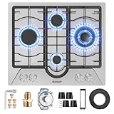 Gas Cooktop 24 Inch ROVLEP, Gas Stove Top Built-in 4 Burners Stainless Steel Total 31,600 BTU, 24 Inch NG/LPG Convertible Propane Cooktops Dual Fuel, RV Stove Top with Thermocouple Protect
