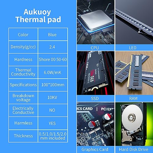 Aukuoy Lot de 4 coussinets thermiques en silicone résistant aux hautes températures 6,0 W/mK pour PC, ordinateur portable, dissipateur thermique, CPU, GPU, LED, SSD, IC, SMD Cooler – vue 4