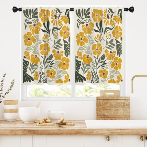 RTFEVG Yellow Floral Kitchen Curtains 27.5x39 Inches, Boho, 2 Panels