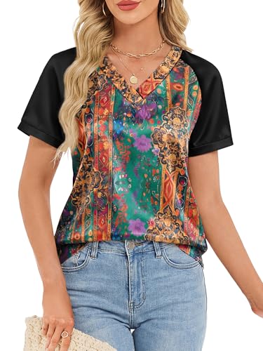 Funlingo Womens Silk Satin Shirts Summer Short Sleeve Tops V Neck Graphic Blouses Spring Fashion Clothes Vacation Travel Outfits Ethnic Prints L