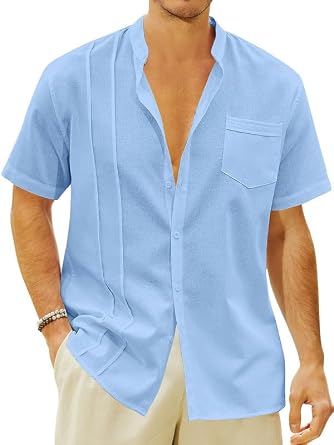 JEKAOYI Mens Button Down Shirt Linen Cotton Short Sleeve Mandarin Collar