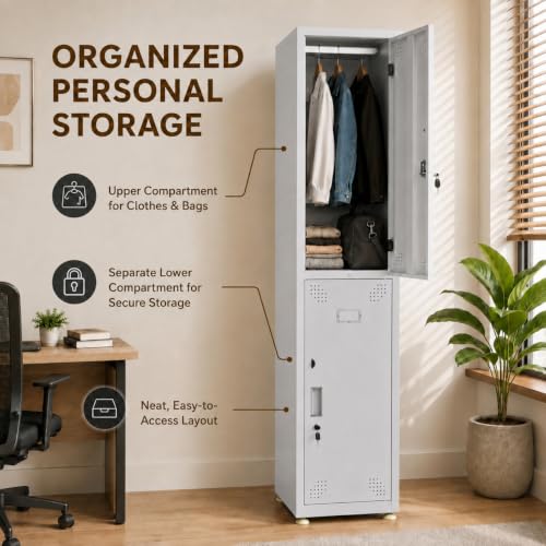 Image of Amazon Brand - Solimo 2 Door Steel Staff Locker Cabinet | Heavy Duty Lockable Storage Cupboard for Office Gym School Hostel Home | Powder Coated Metal Personal Storage Locker (Grey)