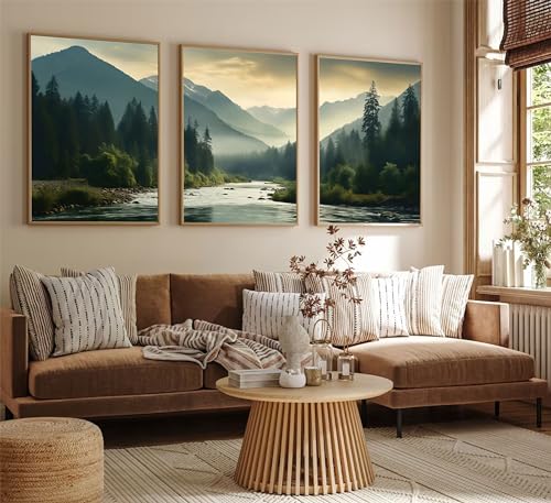 Zjjartyb 3Pcs Nature Landscape Wall Art Misty Forest Prints Mountain Pictures Dark Green Plant Posters Botanical River Canvas Painting Home Wall Decor For Living Room Bedroom Bathroom 12X16In Unframed thumb #2