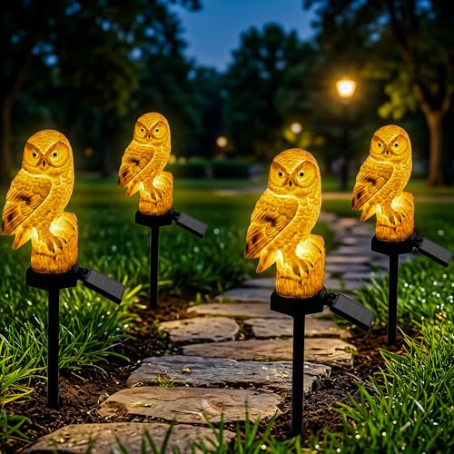 4PCS Solar Powered Garden Lights Owl Decor Outdoor Yard Statue Pathway Lights for Outside Lawn Ornament Patio Decorative Stake Bird Lights for Landscaping Backyard