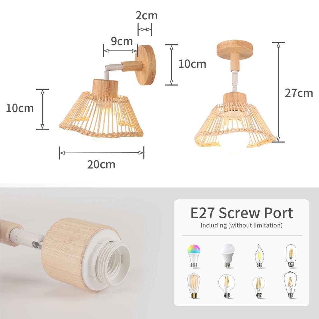 Lot de 2 Applique Murale Bambou Lampes Murale Rétro Réglable Luminaire Applique en Rotin et Bois E27 Lampe de Mur Déco Intérieure pour Chambre,Salon,Balcon,Couloir