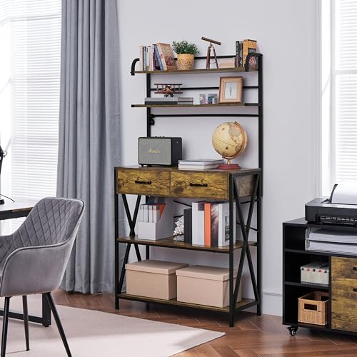 Yaheetech Baker's Rack Kitchen Storage Rack Microwave Oven Stand with 2 Drawers, 5-Tier Shelf and 6 S-Hooks, Industrial Coffee Bar Station, Metal Frame, 90x40x170cm, Rustic Brown - Image 8